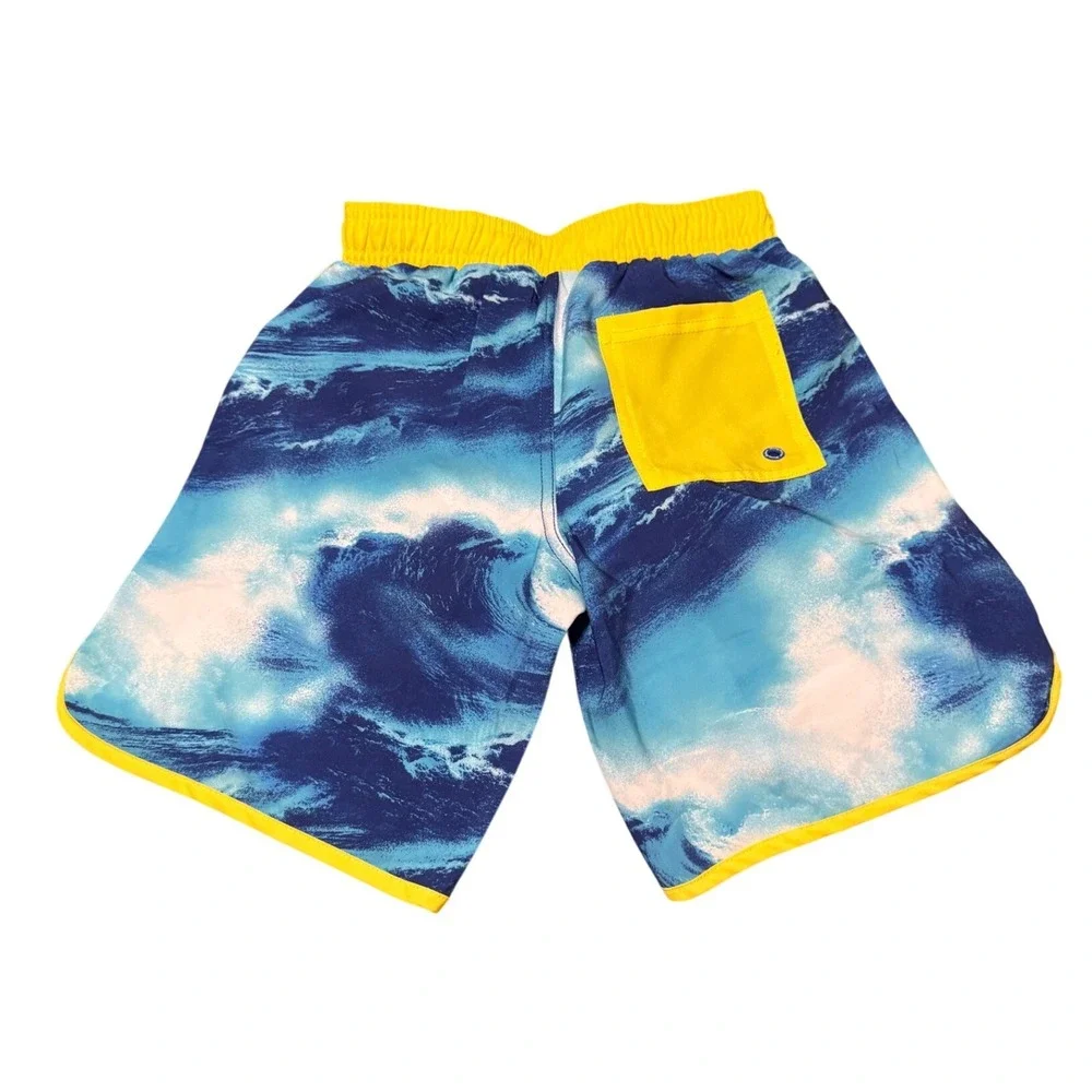 Tommy Bahama Boys Blue Yellow Wave‎ Print Swim Trunks Size 7 Mesh Lined Pocket
